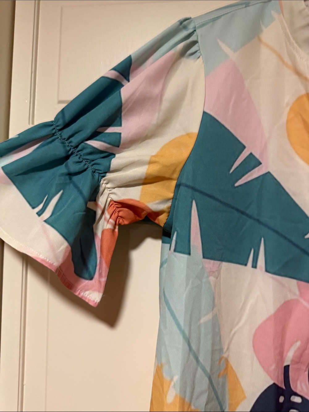 Colorful Tropical Short Sleeve Shift Midi Deep V Neck Dress-Teal & Coral Accents - Picture 2 of 9